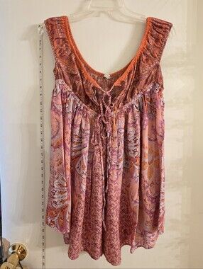 Free People Pink and Orange Paisley Sleeveless Boho Tunic